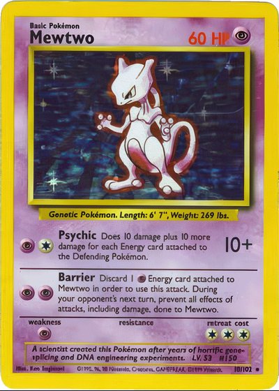 Mewtwo (#10) — one of the iconic Holo Rare chase cards from the 1999 Pokemon TCG Base Set